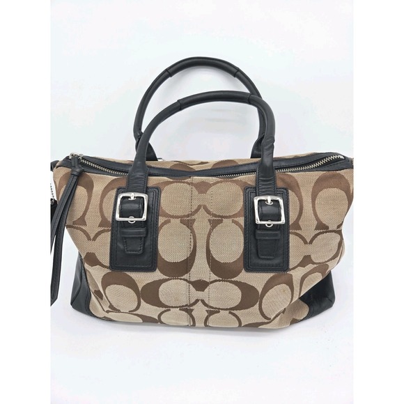 Coach Shoulder Bag Signature Brown Jacquard Handbag Purse Hampton
